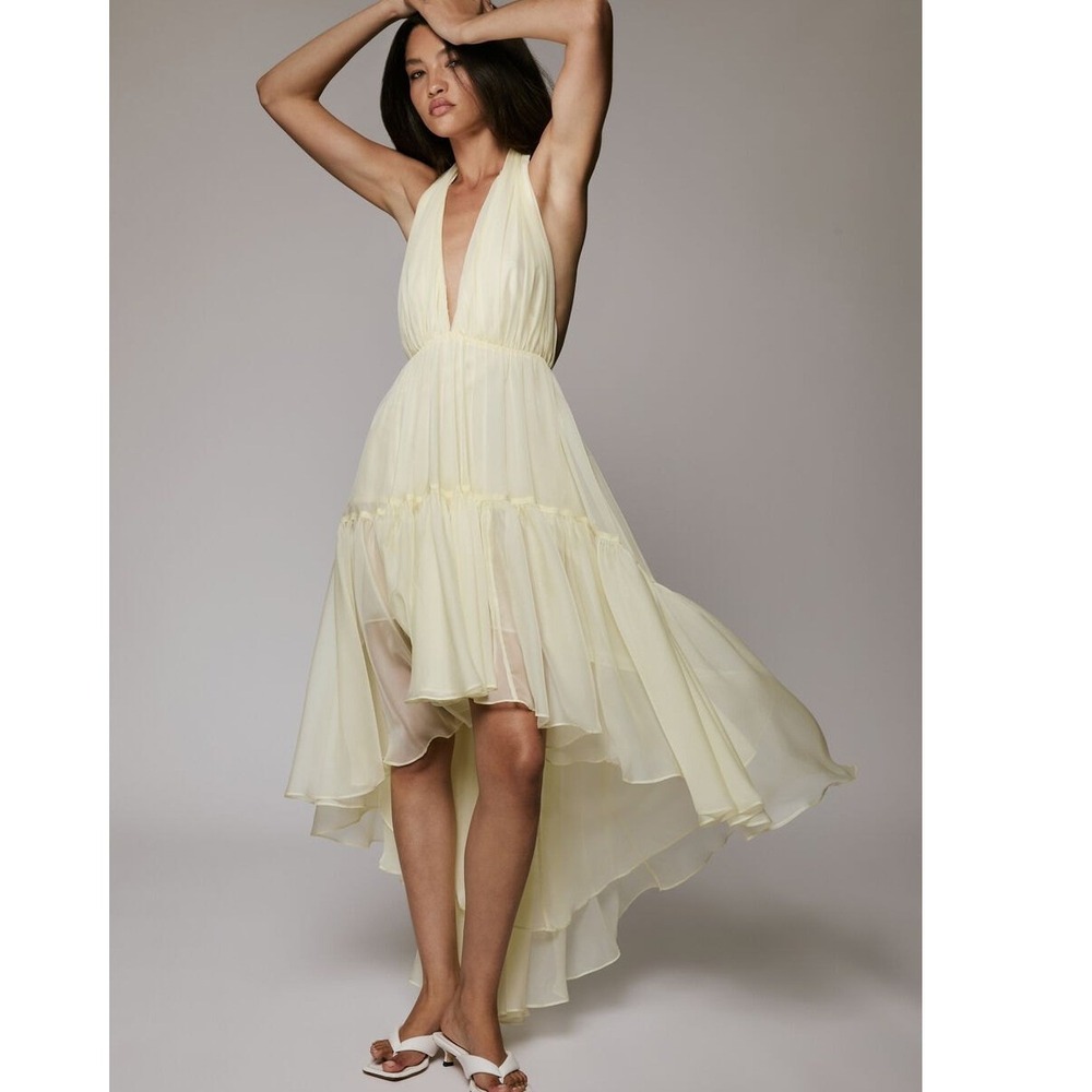 Bardot Leona Ruffle Hi-Lo Dress Light Yellow Halter Beachy Romantic Sheer Medium